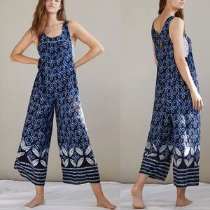 ANTHROPOLOGIE Bristol Blue Ikat Print Wide Leg Jumpsuit Sz M